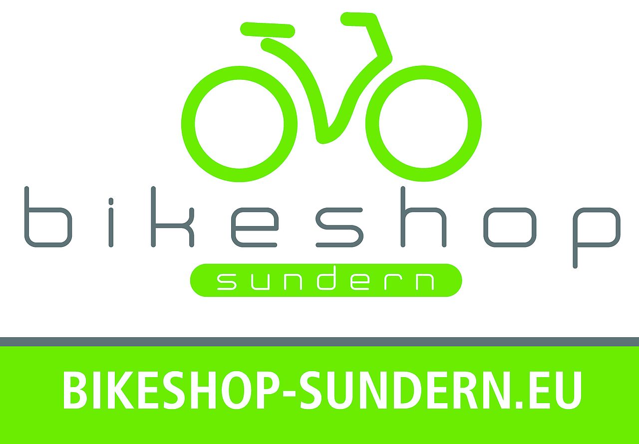 Plakatmotiv mit Logo des Bikeshop Sundern. Grünes Fahrradsymbol und Website-Adresse bikeshop-sundern.eu.