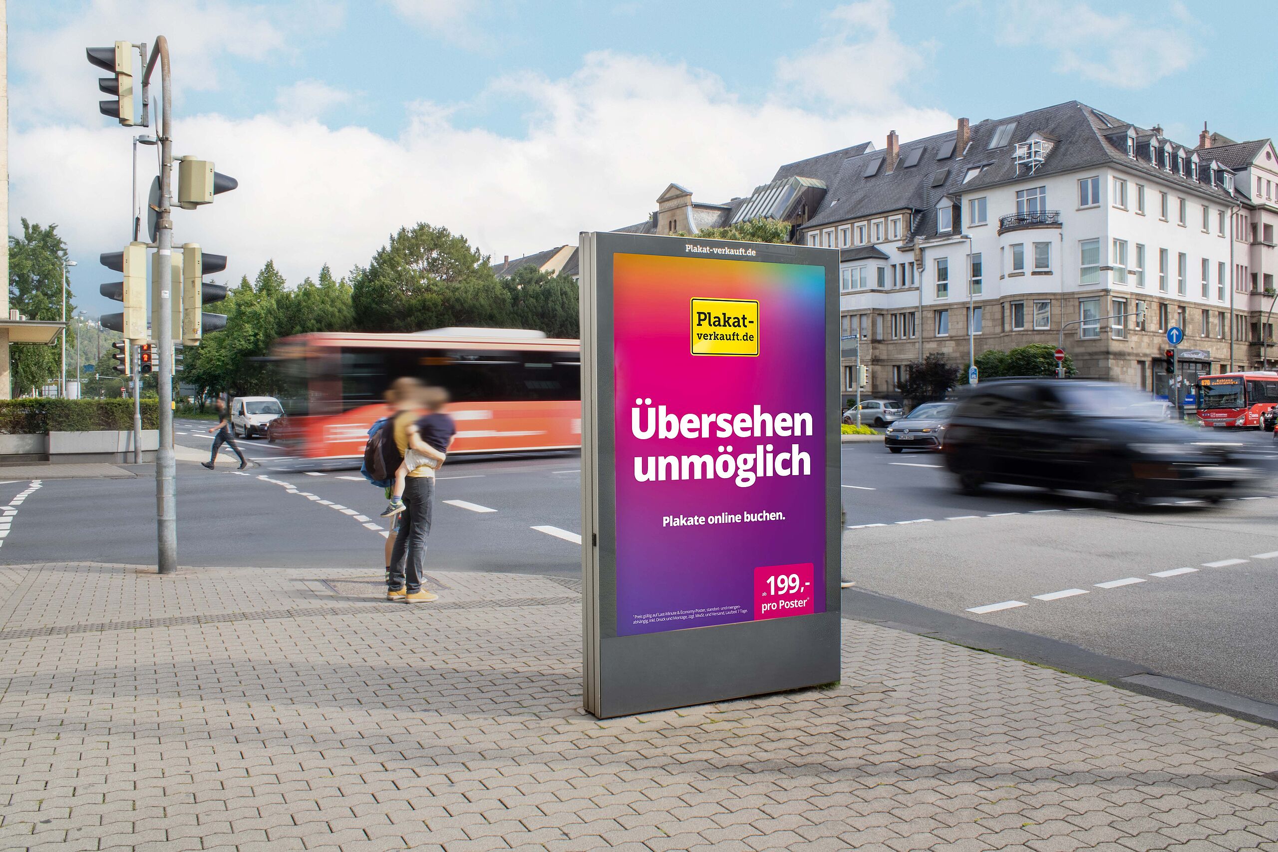 Citylight-Poster - Kampagne "Übersehen unmöglich" Hochformatiges Citylight-Poster an einer Hauptverkehrsstraße