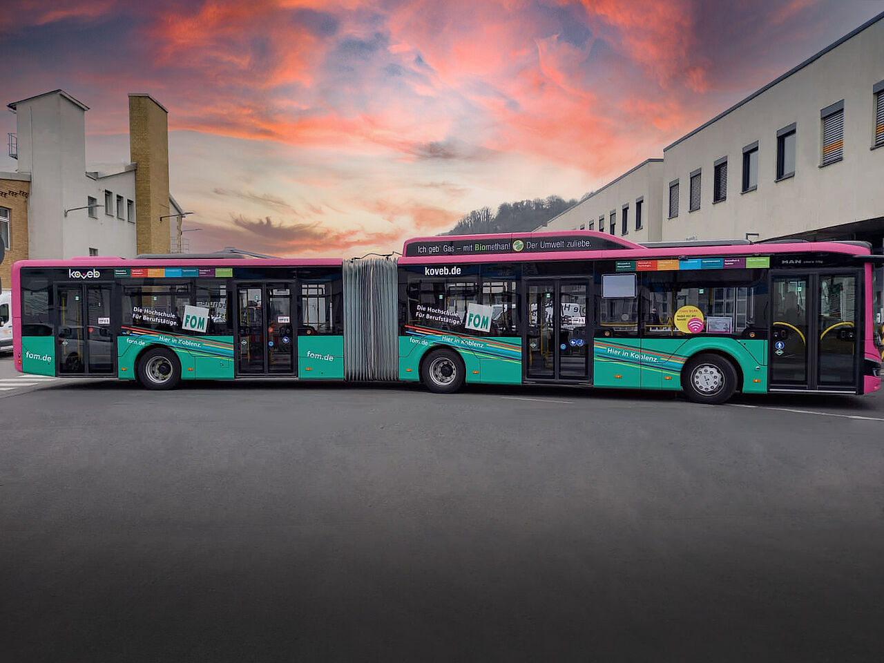 Ein Gelenkbus wirbt auffällig für die FOM Hochschule – direkt vor Ort in Koblenz. Klare Botschaft: Studium neben dem Beruf.
